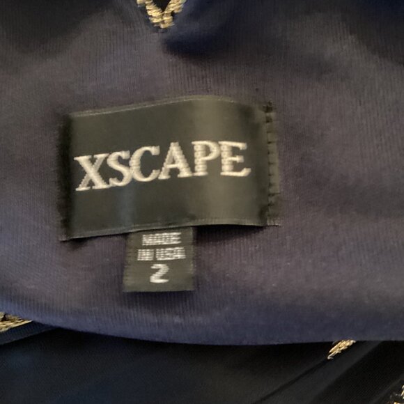 Xscape Maxi Dress Gown SIze 2 Navy & Gold Foiled Pleated Blouson Halter Evening - Picture 8 of 9